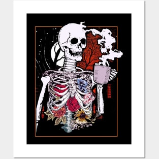 Halloween Coffee Drinking Skeleton Skull Posters and Art